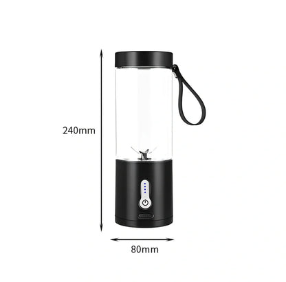 Black portable juicer with 530ml cup, USB charging port, and round feeding port for whole fruits