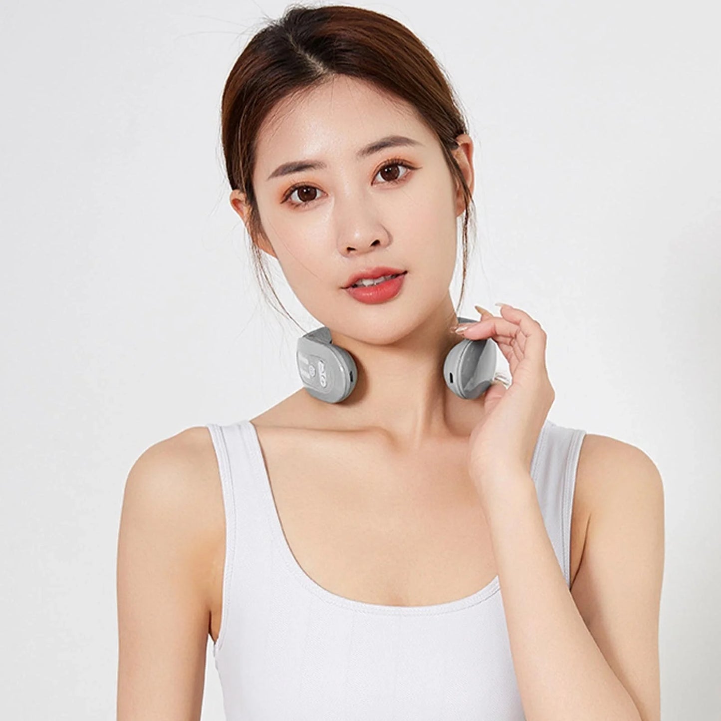 EMS Neck Massager with Heat in blue, showing ergonomic design and USB charging