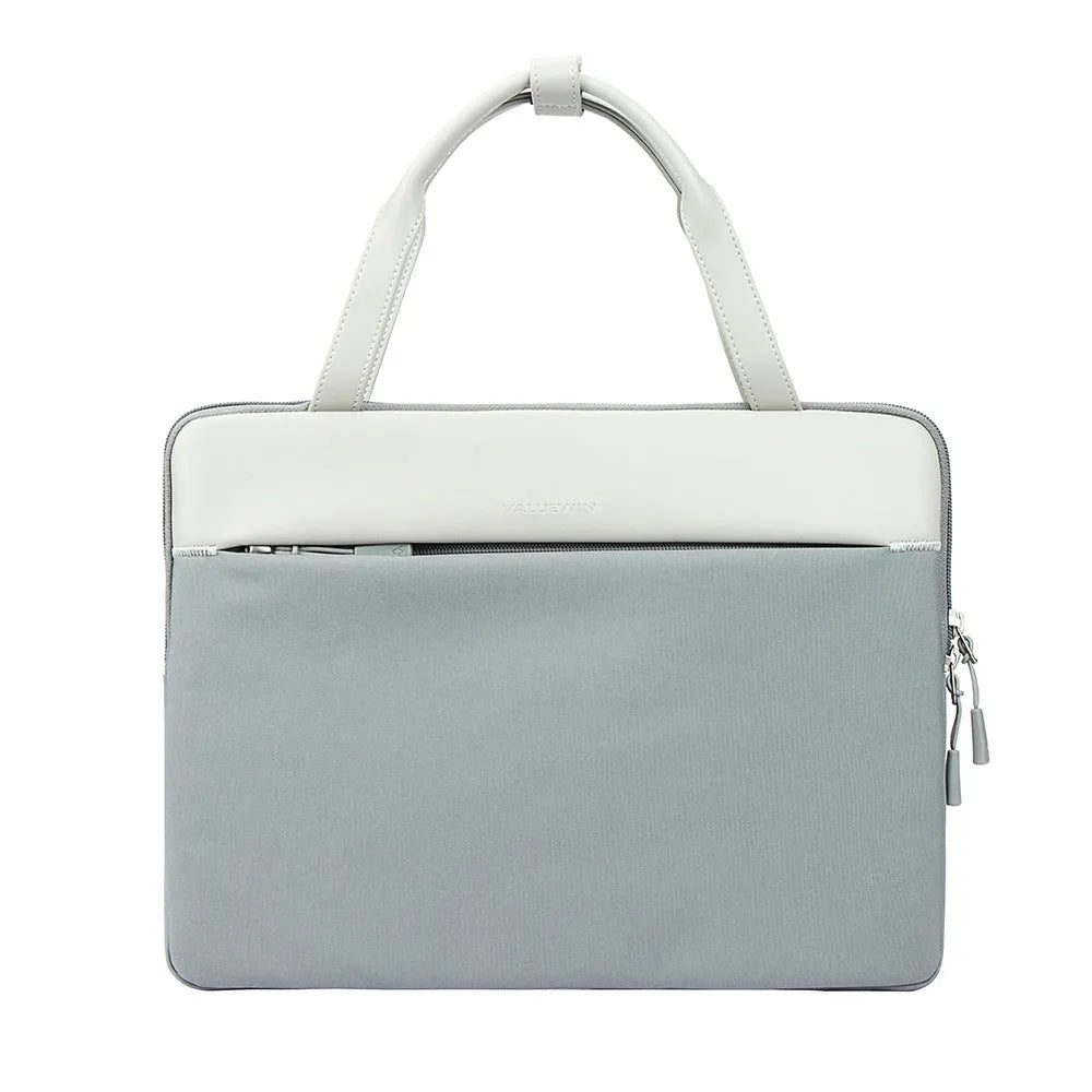 14.2 inch polyester laptop sleeve with soft handle, zipper pocket, in light grey, green, or orange