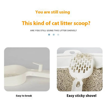 Black metal cat litter scoop with long handle and fine sifting mesh.