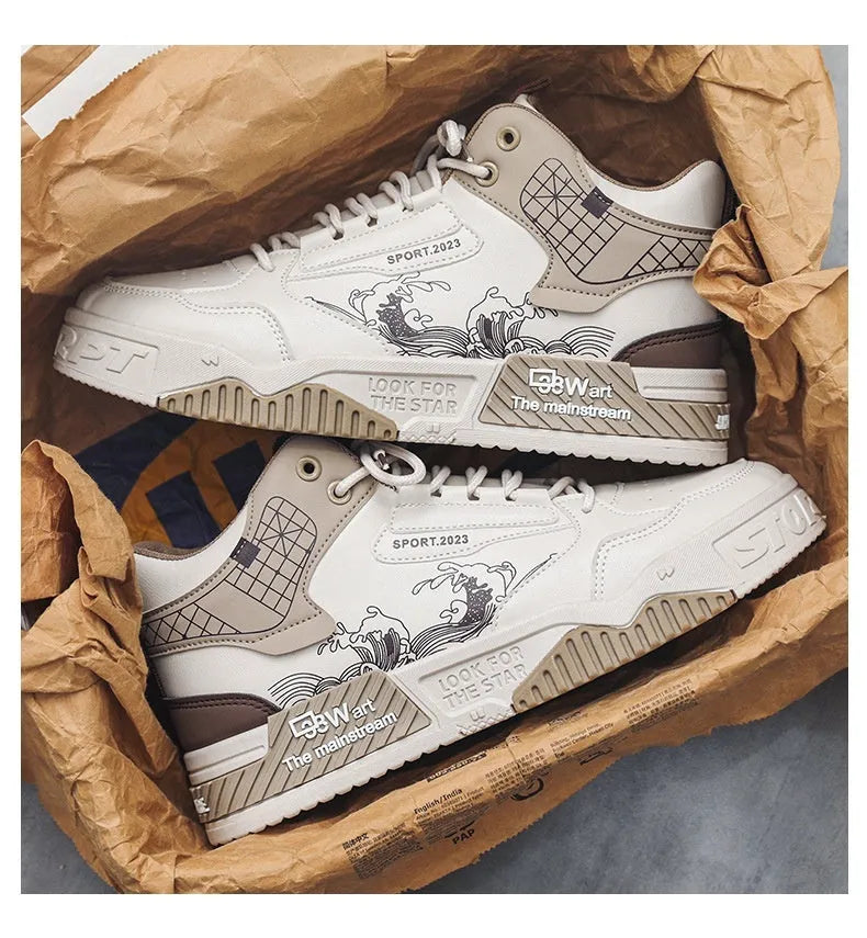 Men's beige white blue high-top board shoes with lace-up front and rubber soles