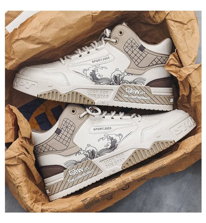 Men's beige white blue high-top board shoes with lace-up front and rubber soles