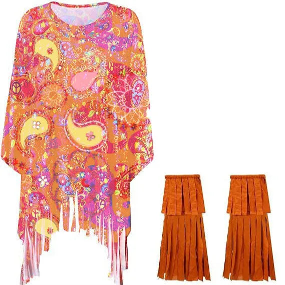 Tie dye cloak costume with bell sleeves and printing pattern in spandex fabric