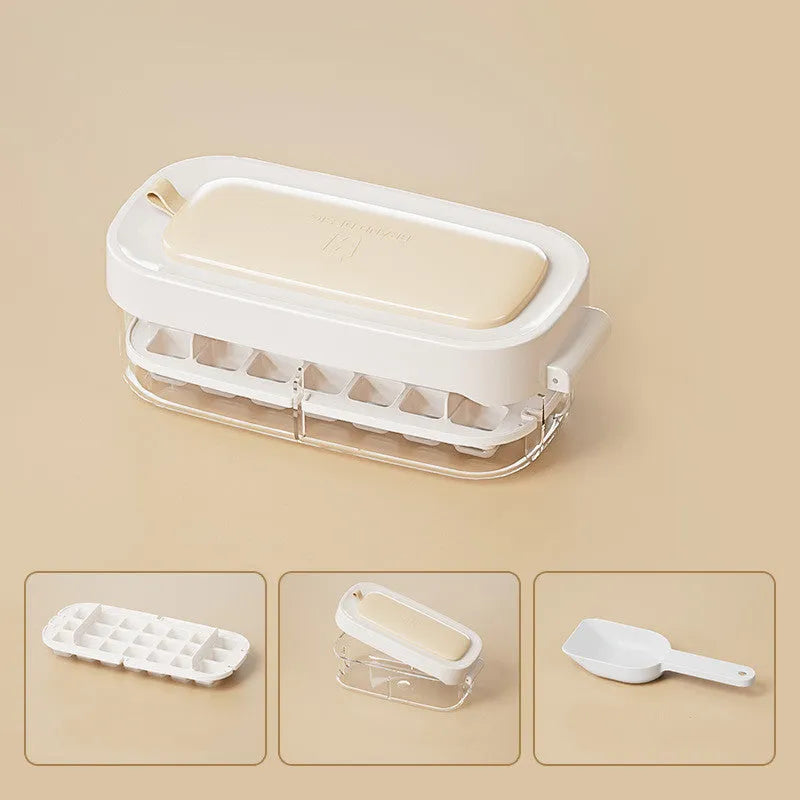 Yellow and blue food grade plastic ice cube trays with ice shovel stored in dedicated slot