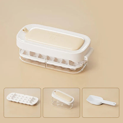 Yellow and blue food grade plastic ice cube trays with ice shovel stored in dedicated slot