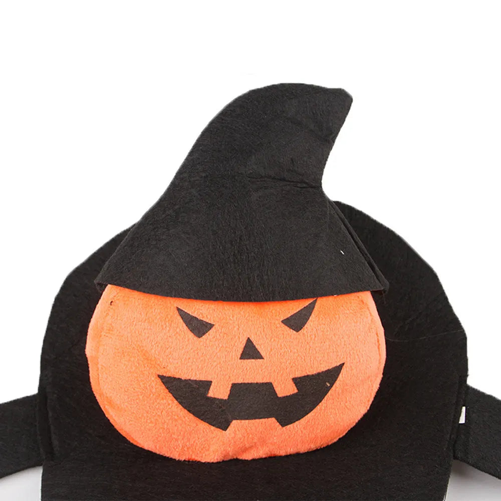 Dog wearing Halloween costume in ghost or pumpkin ghost design made from PP cotton