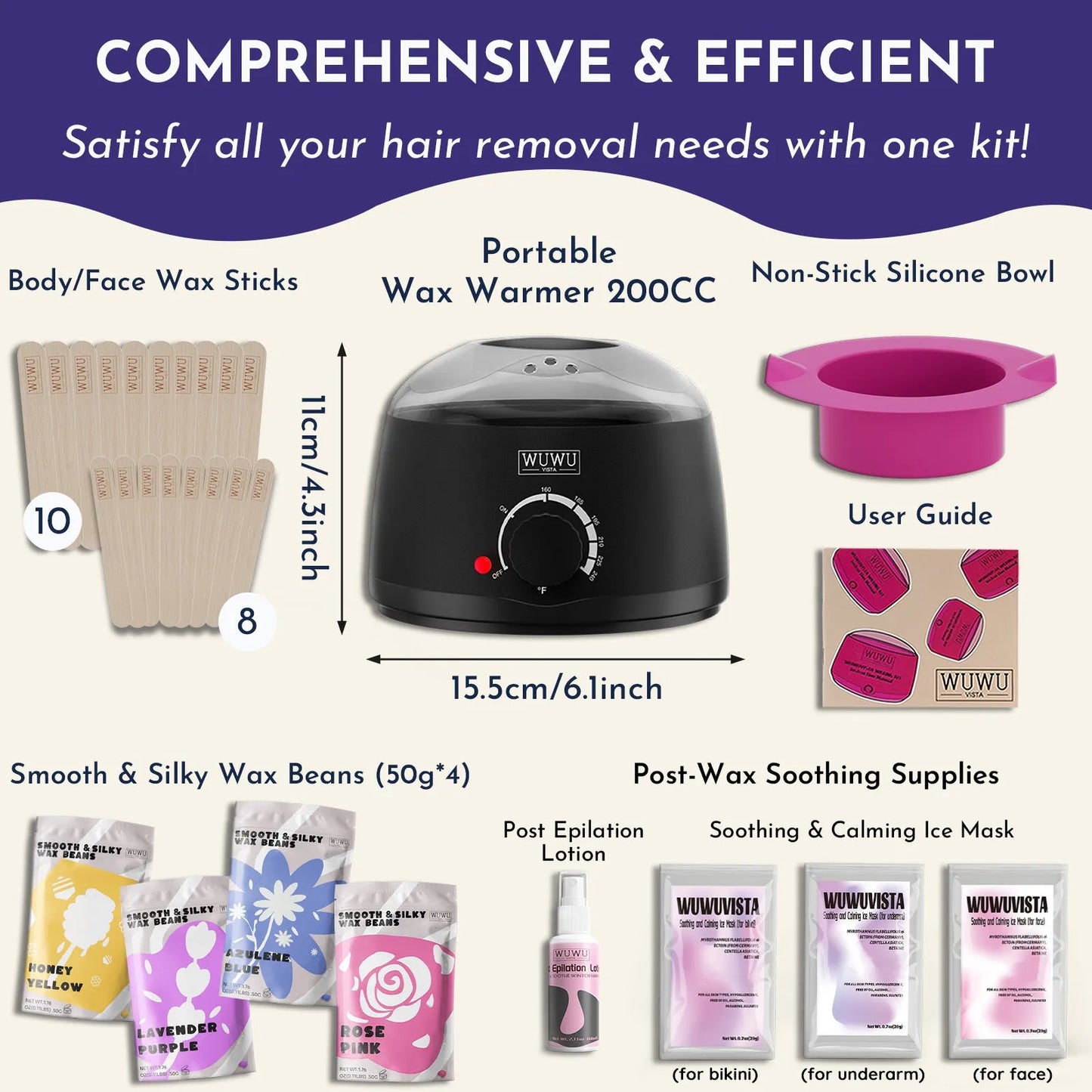Waxing gift set with 200ml warmer, 4 wax beads, 20 sticks, aftercare lotion and ice masks for hair removal