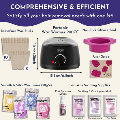 Waxing gift set with 200ml warmer, 4 wax beads, 20 sticks, aftercare lotion and ice masks for hair removal