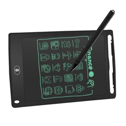 8.5-inch LCD writing board with stylus showing pressure-sensitive writing on blue background