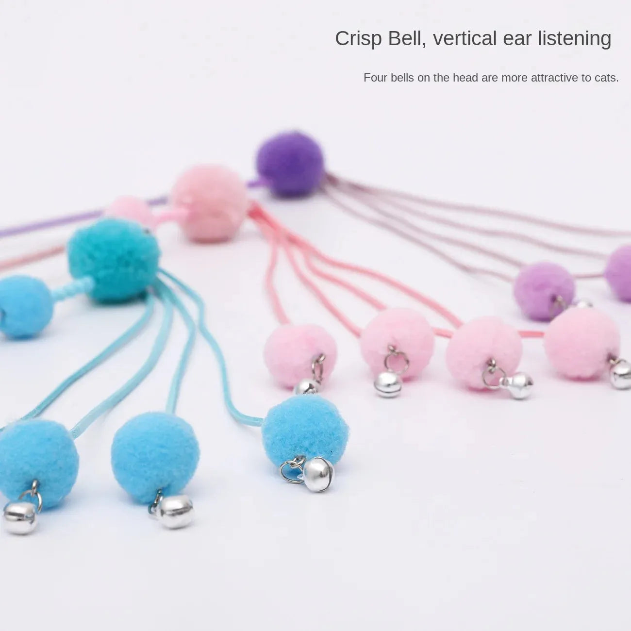 Funny cat stick toy with colourful feather tassel on elastic cord, shown in blue, pink, and purple options.