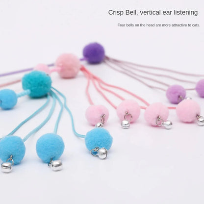 Funny cat stick toy with colourful feather tassel on elastic cord, shown in blue, pink, and purple options.