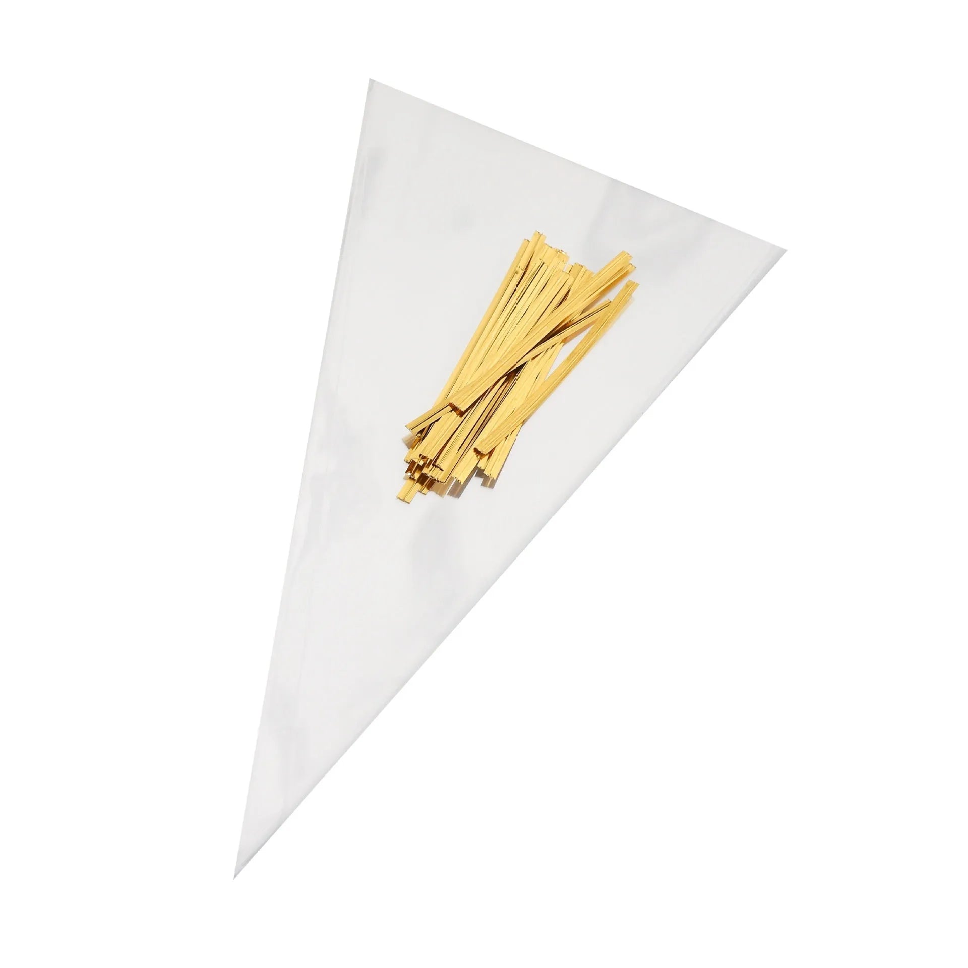 Transparent triangle plastic packaging bag with a twisted wire tie closure.