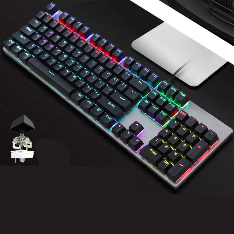 Real Mechanical Keyboard GK410 with 104 keys, metal frame, USB cable, and backlit keys for desktop computers
