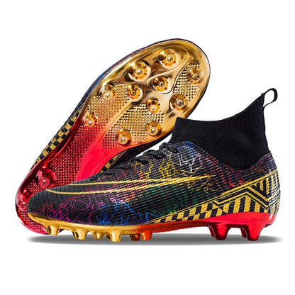 High-top soccer training shoes with gold-plated PVC soles in white, black, and mandarin duck colour options