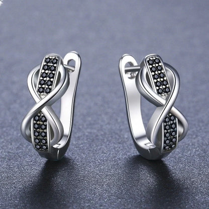 Copper Earrings with Round Lines and Micro Inlaid Zircon in Black