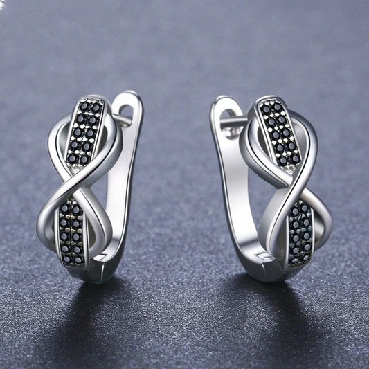 Copper Earrings with Round Lines and Micro Inlaid Zircon in Black