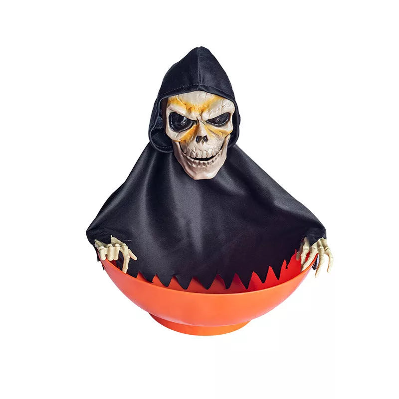 Electrically illuminated Halloween skull candy organizer with sound effects and swinging motion