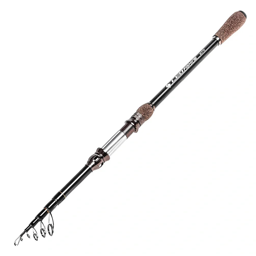 Carbon telescopic sea fishing rod extended and collapsed showing four length options