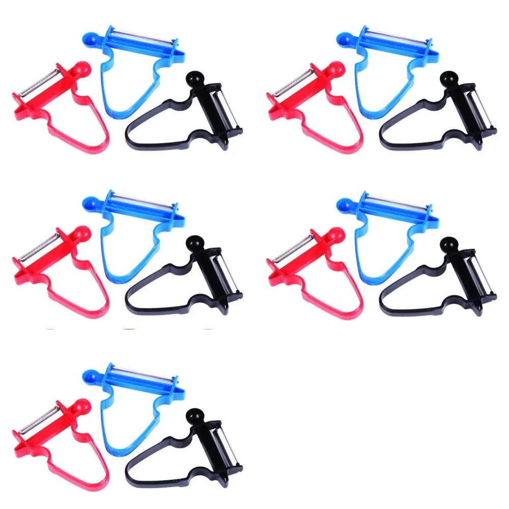 Stainless steel vegetable peeler set with black, blue, red handles and dual swivel blades