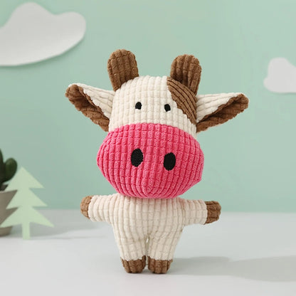 Animal shaped plush dog chew toy with squeaker in bright colours