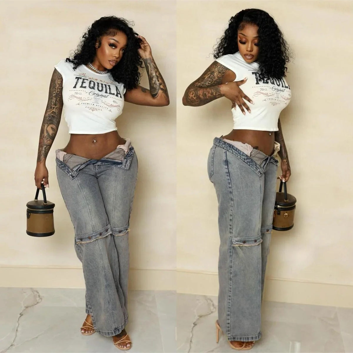 Stylish Y2K-inspired wide-leg denim jeans for women in a relaxed, comfortable fit and classic blue color