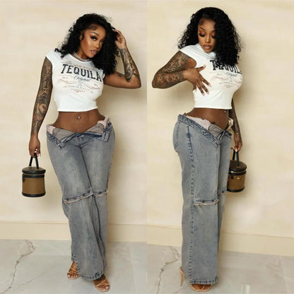 Stylish Y2K-inspired wide-leg denim jeans for women in a relaxed, comfortable fit and classic blue color