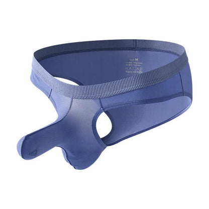 Men's low waist briefs in ice silk fabric, showing knitted weave and low waist design, available in black, gray, light green, pink, purplish blue.