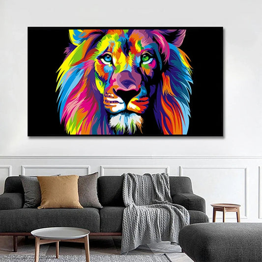 Leopard lion face canvas painting with waterproof ink in horizontal rectangle format