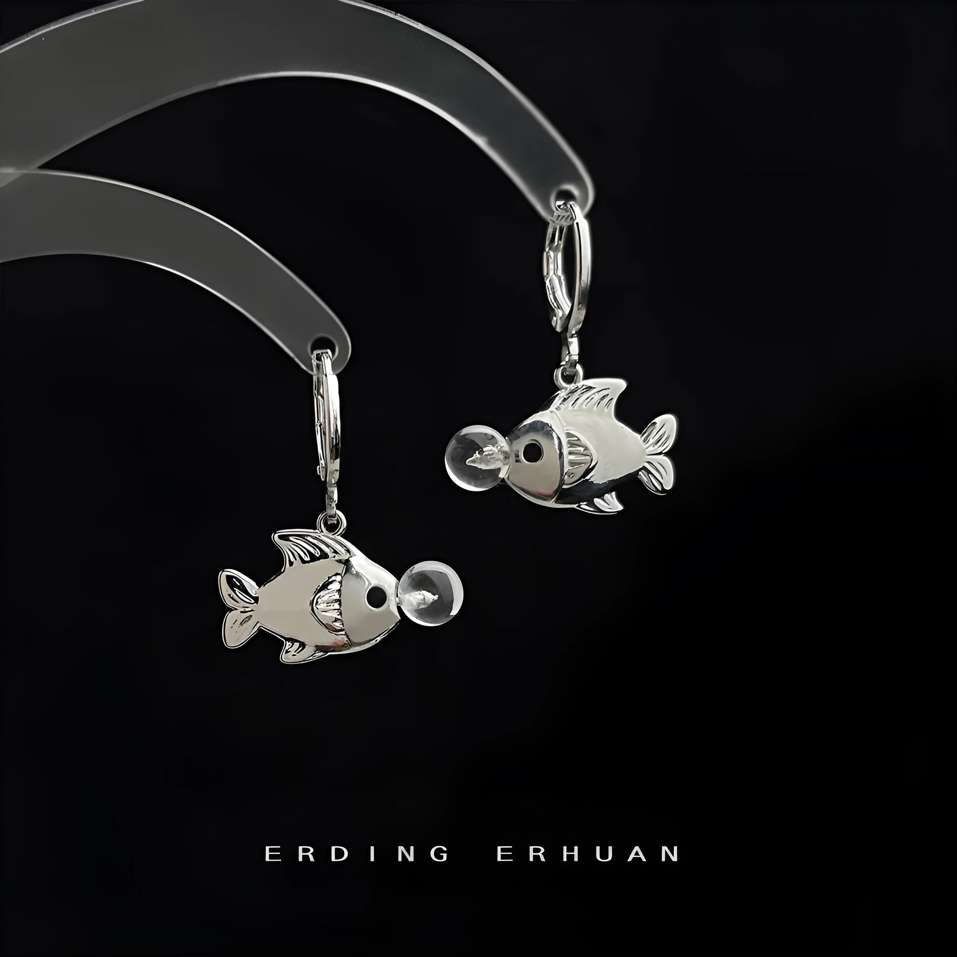 Bubble fish design copper earrings with electroplated finish showing goldfish modelling