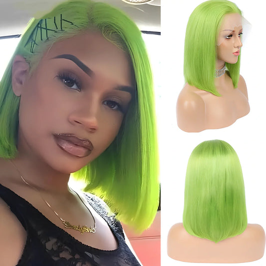 Human hair bob wig in green colour with straight bangs and 12-inch length