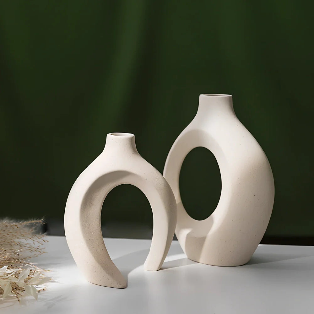 European ceramic vase set with two matching pieces and glazed surface finish