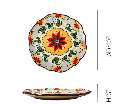 Underglaze ceramic bowl with Bohemian floral pattern in blue mandarin duck design, 8 inch diameter