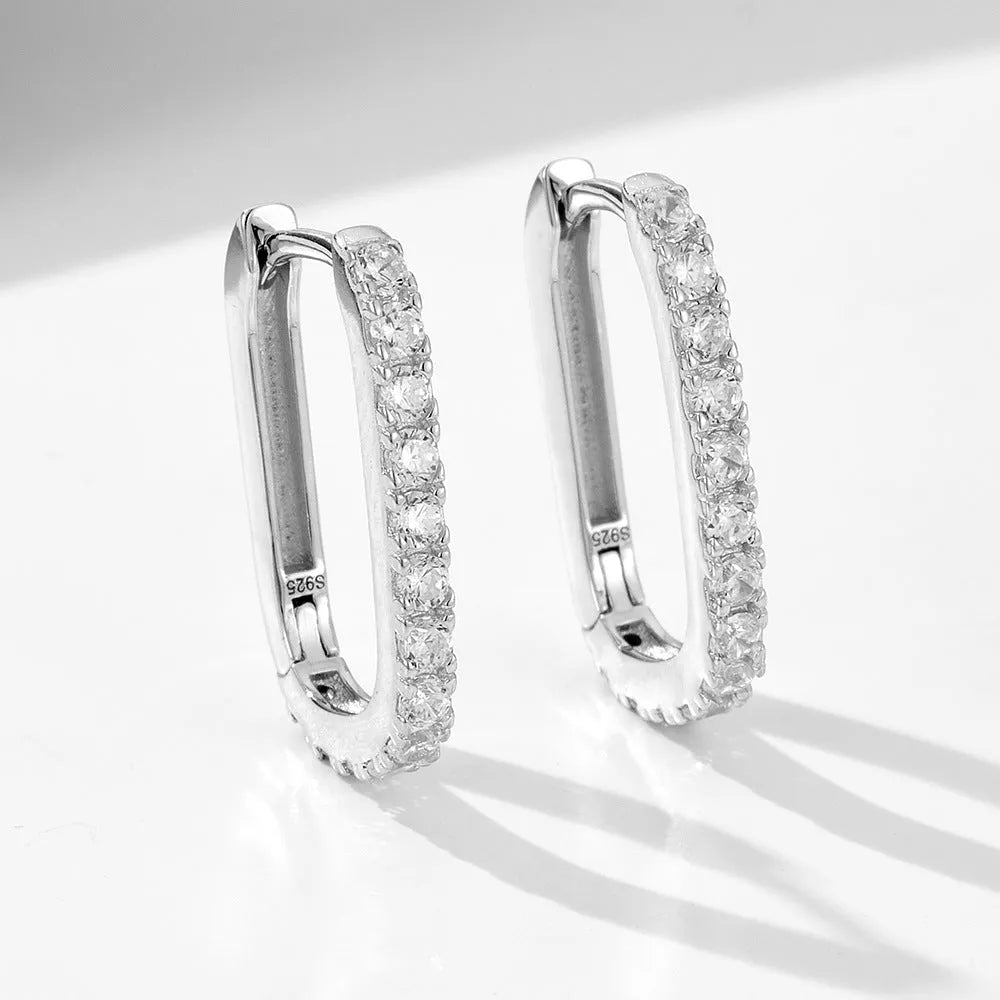 S925 sterling silver oval zircon earrings with geometric design and ear clip back