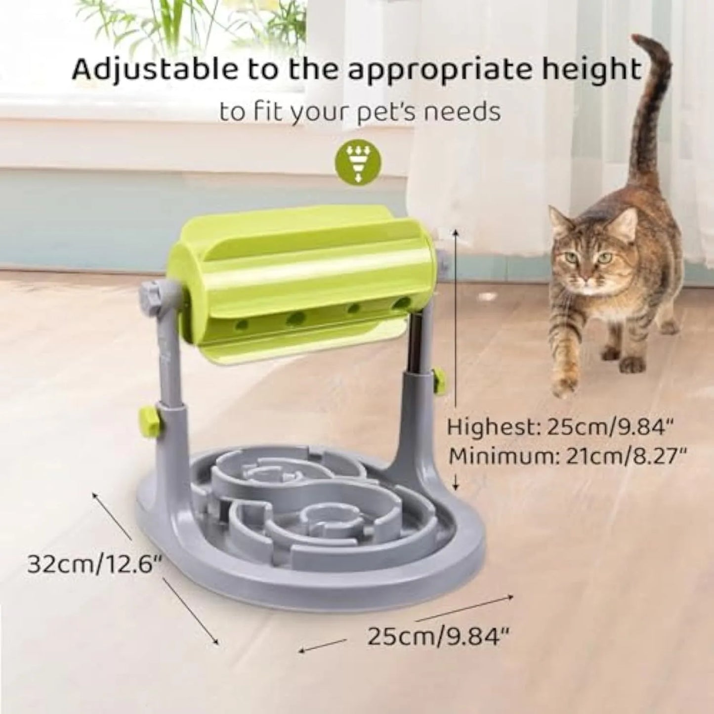 Blue adjustable height pet puzzle feeder with raised food tray patterns for slow eating