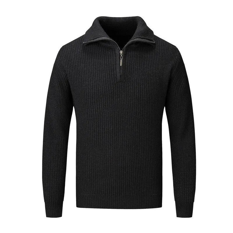 A man wearing a solid-colour slim-fit loose pullover sweater in a neutral colour.