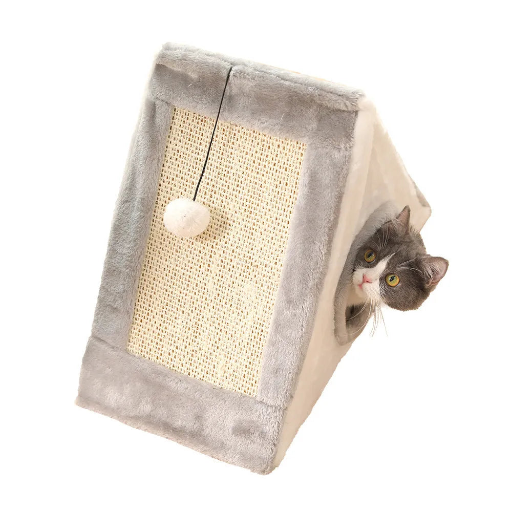 Grey and white triangular cat bed with an integrated sisal rope scratching post.