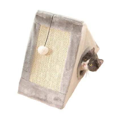 Grey and white triangular cat bed with an integrated sisal rope scratching post.