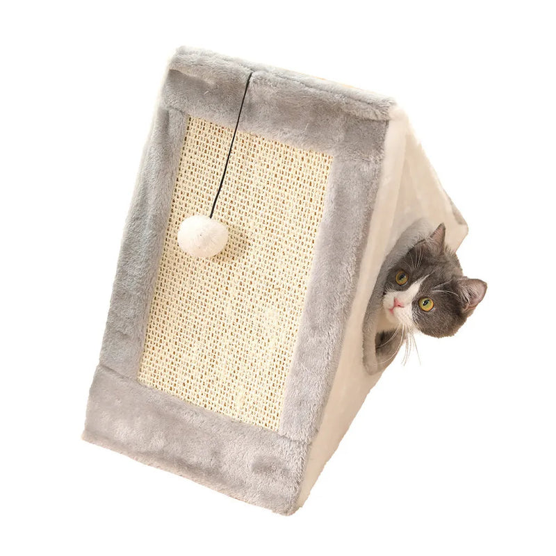 Triangle cat claw sisal toy scratching post with triangular cat nest bed, for indoor pet cats, available in small 50x26x37cm and large 55x27x50cm sizes, with grey and white or light brown beige colour options