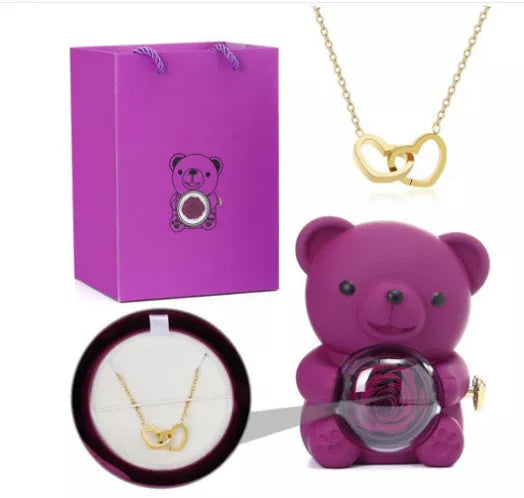 Eternal Rose Teddy Bear Jewelry Box with rotating drawer and preserved rose