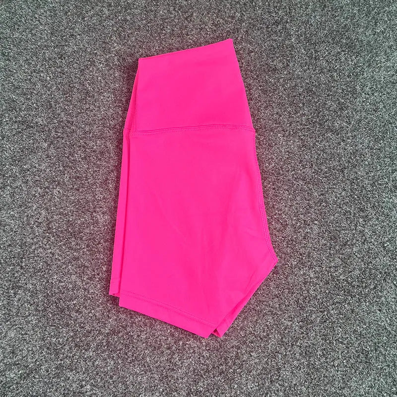 High-waisted yoga shorts in nylon fabric for moisture-wicking during sports, available in multiple colours and sizes.