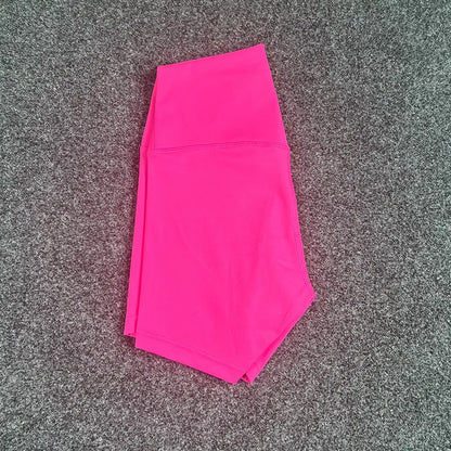 High-waisted yoga shorts in nylon fabric for moisture-wicking during sports, available in multiple colours and sizes.