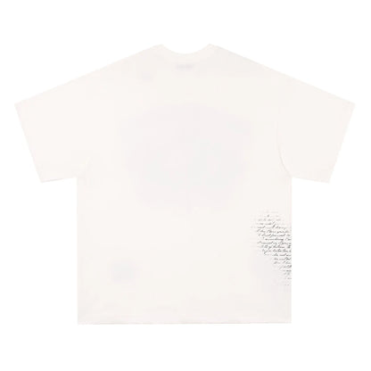 Black and white graphic t-shirt with retro hip hop gothic letter print, short sleeves.