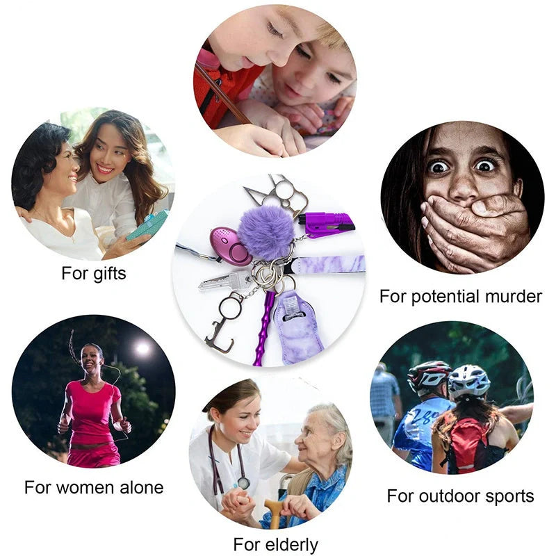 Self-defense keychain set for women with 11 safety tools including alarm and window breaker