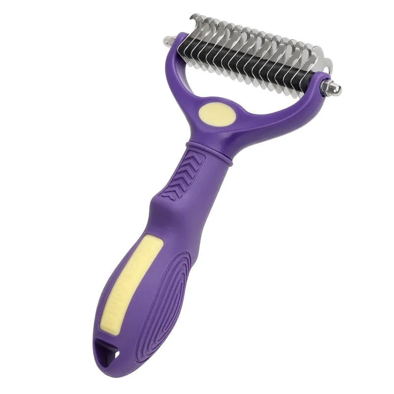 Purple plastic double-sided pet comb for removing knots and tangles from dog and cat fur