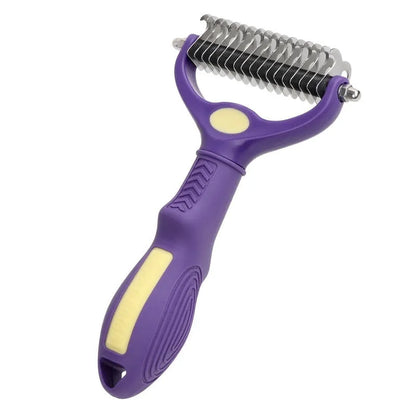 Purple plastic double-sided pet comb for removing knots and tangles from dog and cat fur