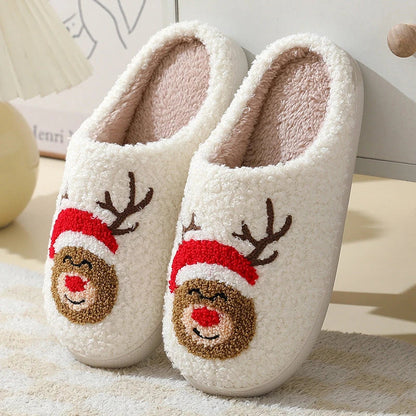 Cozy Christmas slippers in festive designs of Santa Claus, Moose, and Gingerbread Man
