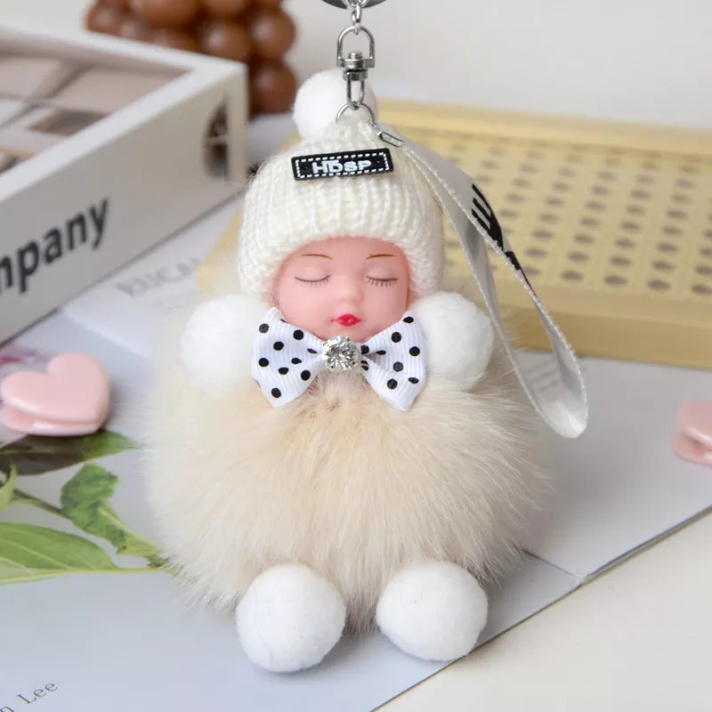 Hand-woven fox fur sleeping doll keychain pendant with optional bow