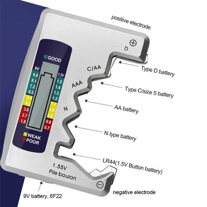 Universal Digital Battery Tester for AA, AAA, 9V, and button cells with LCD display