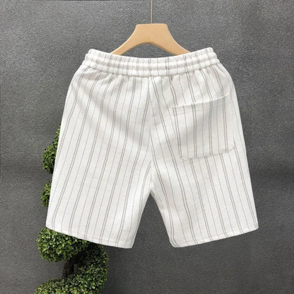 Men's black and white striped casual shorts with fleece lining, straight-leg cut, and ankle banding, shown in size M with waist 51cm