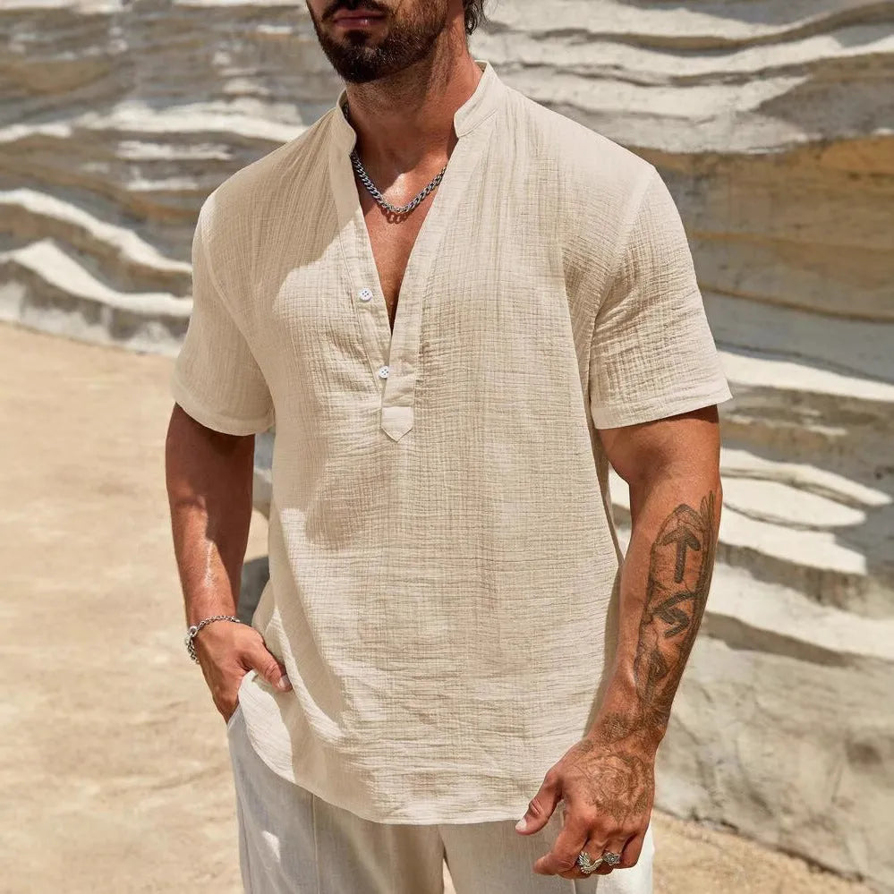 Men's solid colour short-sleeved shirt with stand collar, thin polyester blend fabric, available in black, white, light blue, khaki, navy blue, red, brown.